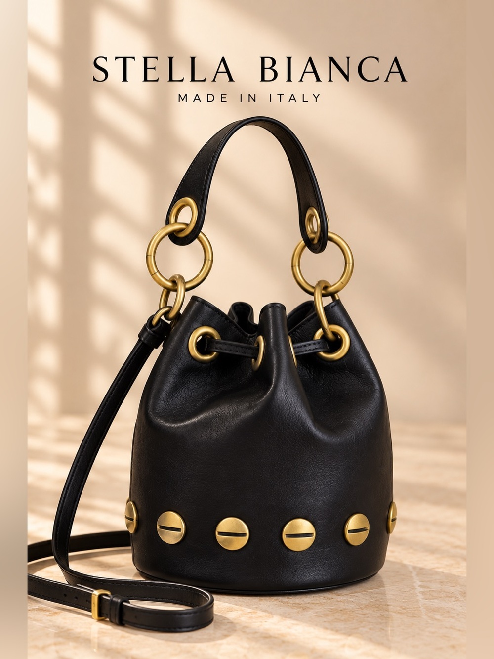 Stella Bianca Black Leather Studded Mini Bucket Crossbody Bag